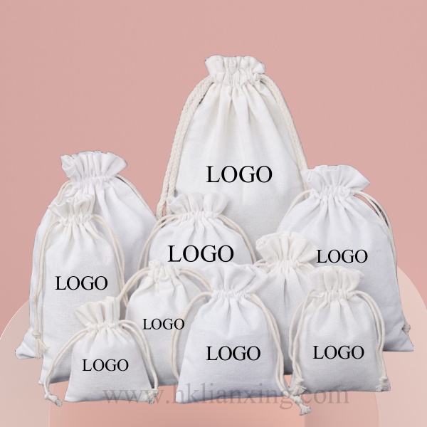Custom LOGO White Drawstring Cotton Bag Gift Packaging Bag for Jewelry