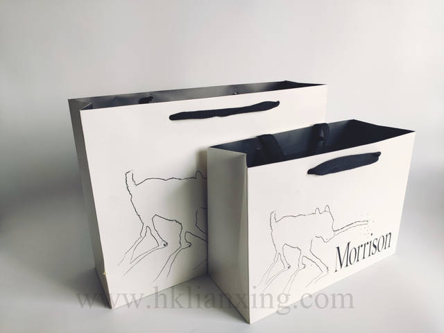 Fashion Coated Paper White Cosmetics Paper Bag with Black Webbing